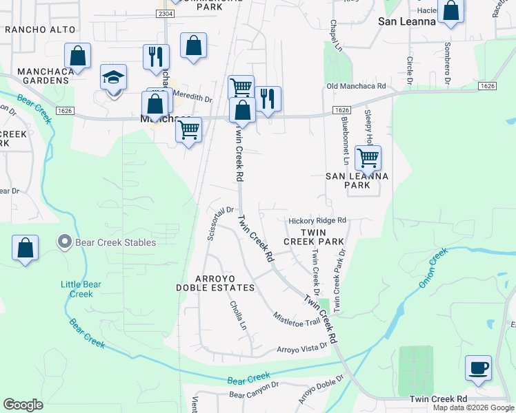 map of restaurants, bars, coffee shops, grocery stores, and more near 12301 Twin Creek Circle in Manchaca