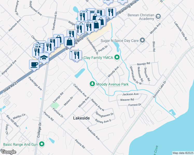 map of restaurants, bars, coffee shops, grocery stores, and more near 2413 Haddington Court in Orange Park