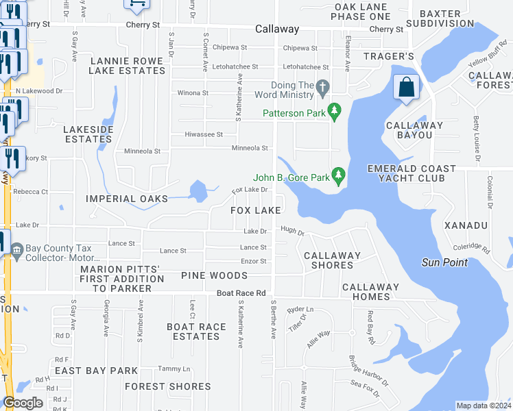 map of restaurants, bars, coffee shops, grocery stores, and more near 715 J J Drive in Panama City