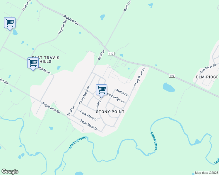 map of restaurants, bars, coffee shops, grocery stores, and more near 105 High Ridge Drive in Del Valle