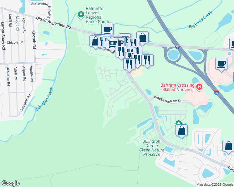 map of restaurants, bars, coffee shops, grocery stores, and more near 5837 Parkstone Crossing Drive in Jacksonville