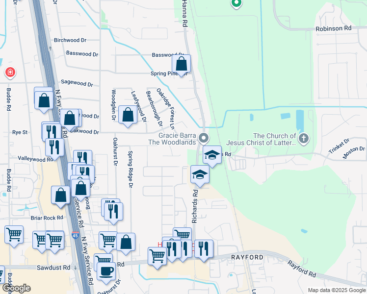 map of restaurants, bars, coffee shops, grocery stores, and more near 502 Hearthstone Court in Spring
