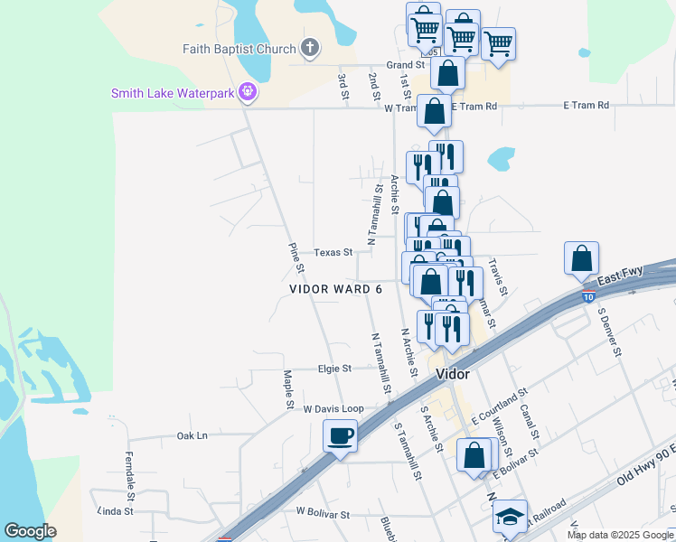 map of restaurants, bars, coffee shops, grocery stores, and more near 485 Texas Street in Vidor