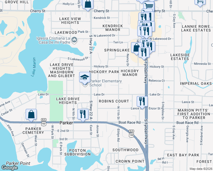 map of restaurants, bars, coffee shops, grocery stores, and more near 611 Nicole Drive in Panama City
