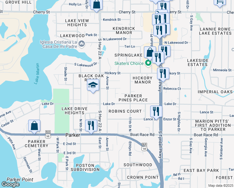 map of restaurants, bars, coffee shops, grocery stores, and more near 5121 Marla Drive in Panama City