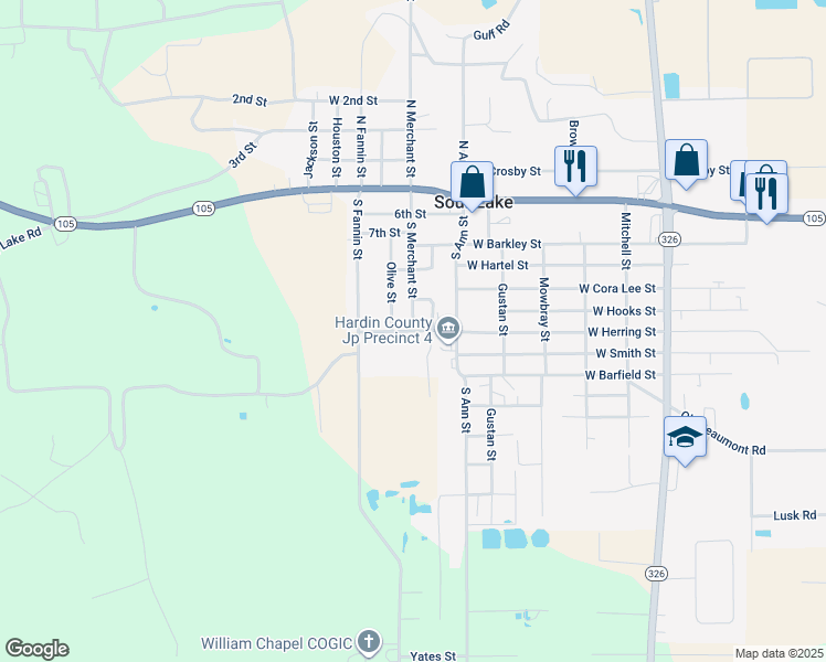 map of restaurants, bars, coffee shops, grocery stores, and more near 457 South Merchant Street in Sour Lake