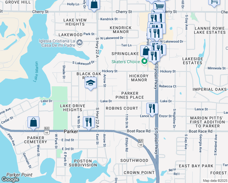 map of restaurants, bars, coffee shops, grocery stores, and more near 5121 Marla Drive in Panama City