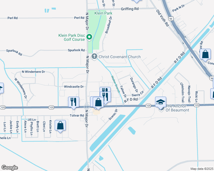 map of restaurants, bars, coffee shops, grocery stores, and more near 7390 Pindo Circle in Beaumont