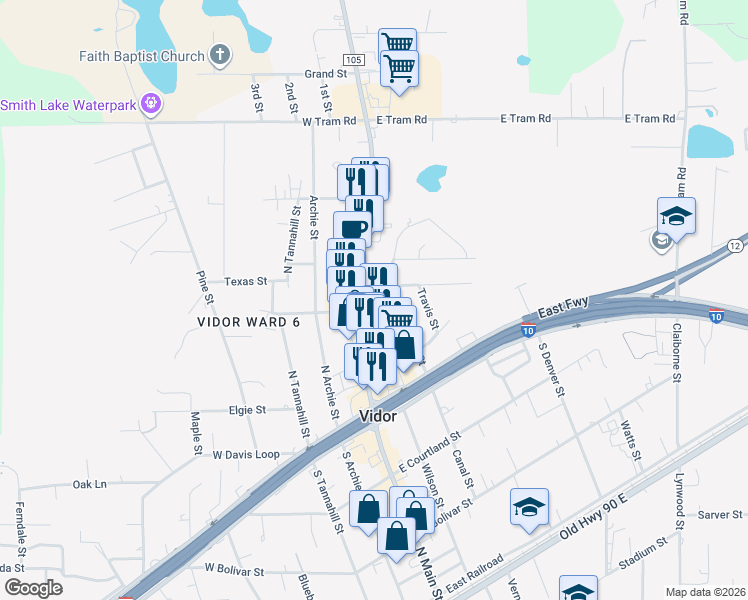 map of restaurants, bars, coffee shops, grocery stores, and more near 108 Lowe Street in Vidor
