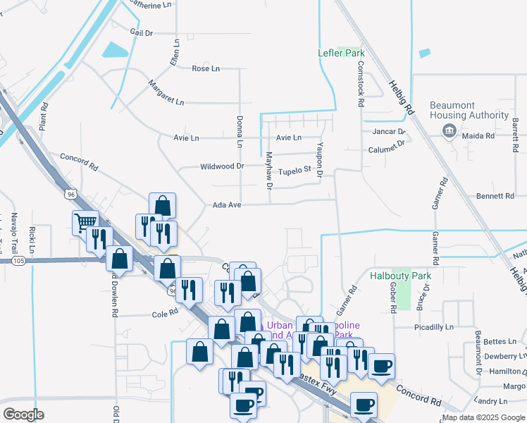 map of restaurants, bars, coffee shops, grocery stores, and more near 5115 Ada Street in Beaumont