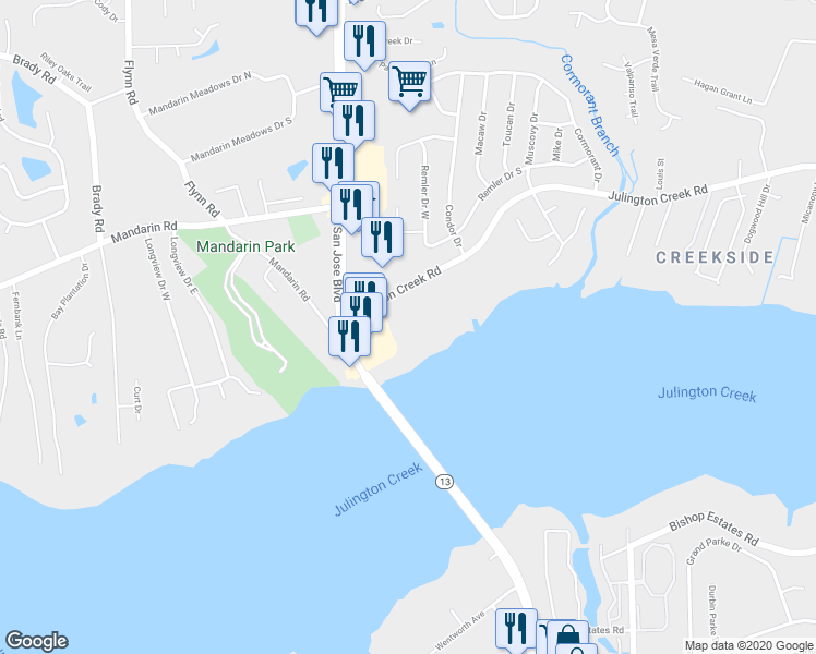 map of restaurants, bars, coffee shops, grocery stores, and more near 3064 Julington Creek Road in Jacksonville