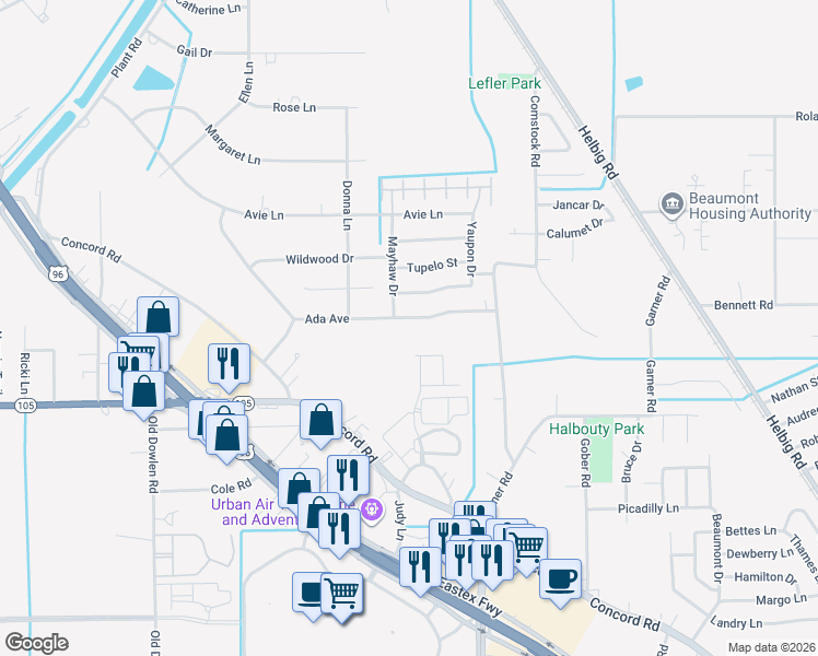 map of restaurants, bars, coffee shops, grocery stores, and more near 5090 Ada Avenue in Beaumont