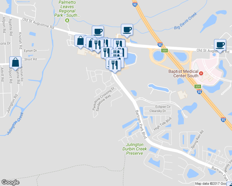 map of restaurants, bars, coffee shops, grocery stores, and more near 5884 Sandstone Way in Jacksonville