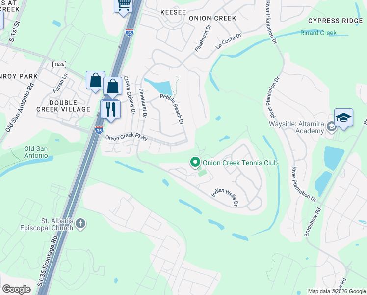 map of restaurants, bars, coffee shops, grocery stores, and more near 2500 Onion Creek Parkway in Austin