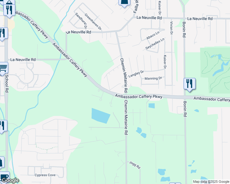 map of restaurants, bars, coffee shops, grocery stores, and more near 5605 Ambassador Caffery Parkway in Youngsville