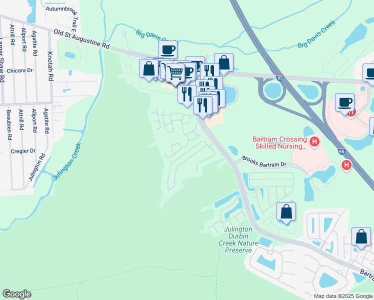 map of restaurants, bars, coffee shops, grocery stores, and more near 5837 Parkstone Crossing Drive in Jacksonville