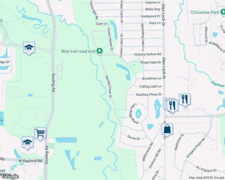 map of restaurants, bars, coffee shops, grocery stores, and more near 25338 Spring Creek Drive in Spring