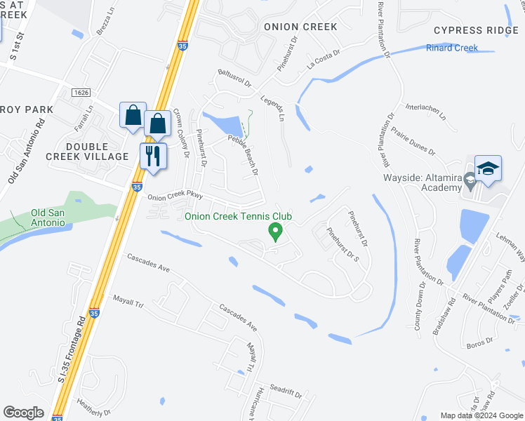 map of restaurants, bars, coffee shops, grocery stores, and more near 2500 Onion Creek Parkway in Austin