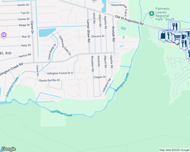 map of restaurants, bars, coffee shops, grocery stores, and more near 12766 Beaubien Road in Jacksonville
