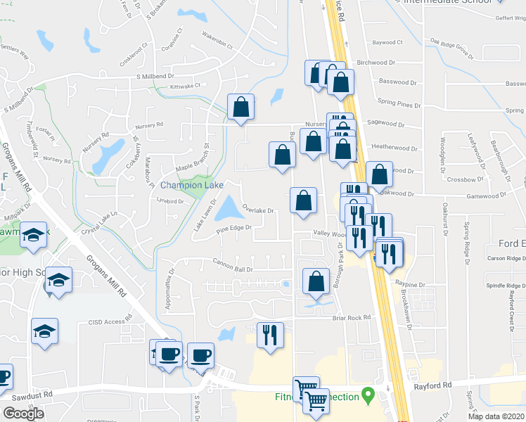 map of restaurants, bars, coffee shops, grocery stores, and more near 216 Pine Edge Drive in Spring