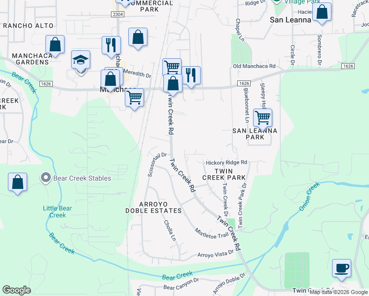 map of restaurants, bars, coffee shops, grocery stores, and more near 12301 Twin Creek Cir in Manchaca