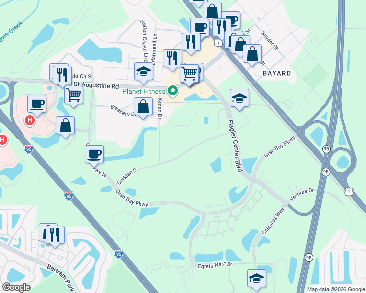map of restaurants, bars, coffee shops, grocery stores, and more near 7237 Corklan Drive in Jacksonville