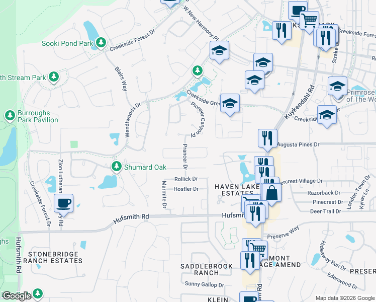 map of restaurants, bars, coffee shops, grocery stores, and more near 8902 Alcina Drive in Tomball