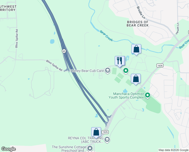 map of restaurants, bars, coffee shops, grocery stores, and more near 2645 Bliss Spillar Road in Manchaca