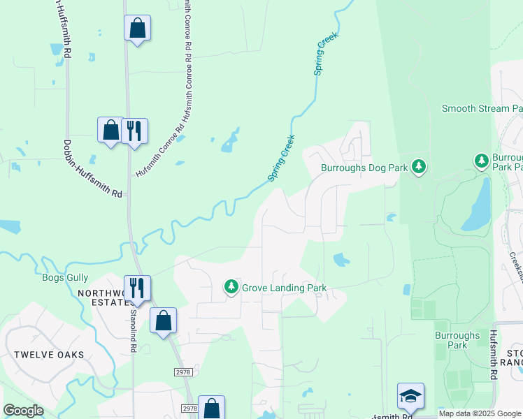 map of restaurants, bars, coffee shops, grocery stores, and more near 25719 Pinyon Hill Trail in Tomball