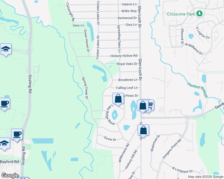 map of restaurants, bars, coffee shops, grocery stores, and more near 3419 Falling Leaf Lane in Spring