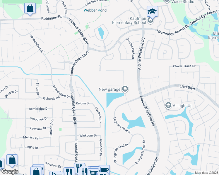 map of restaurants, bars, coffee shops, grocery stores, and more near 2306 Legends Shore Drive in Spring
