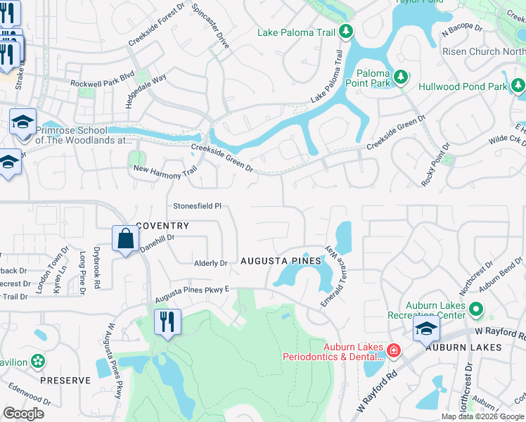 map of restaurants, bars, coffee shops, grocery stores, and more near 7202 Diamond Falls Lane in Spring