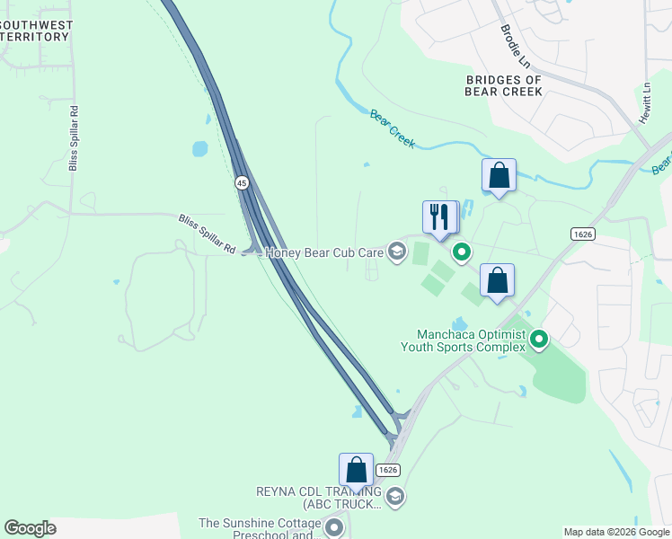 map of restaurants, bars, coffee shops, grocery stores, and more near 2645 Bliss Spillar Road in Manchaca