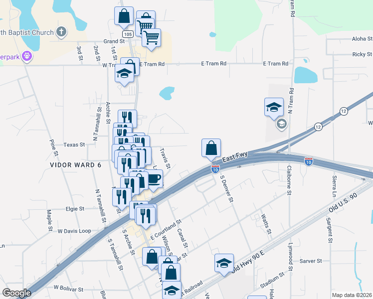 map of restaurants, bars, coffee shops, grocery stores, and more near 494 Moore Dr in Vidor
