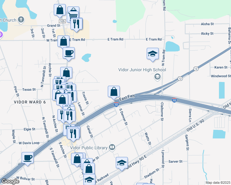 map of restaurants, bars, coffee shops, grocery stores, and more near 772 North Denver Street in Vidor