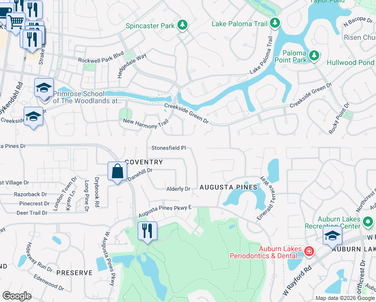 map of restaurants, bars, coffee shops, grocery stores, and more near 7410 Stonesfield Place in Spring