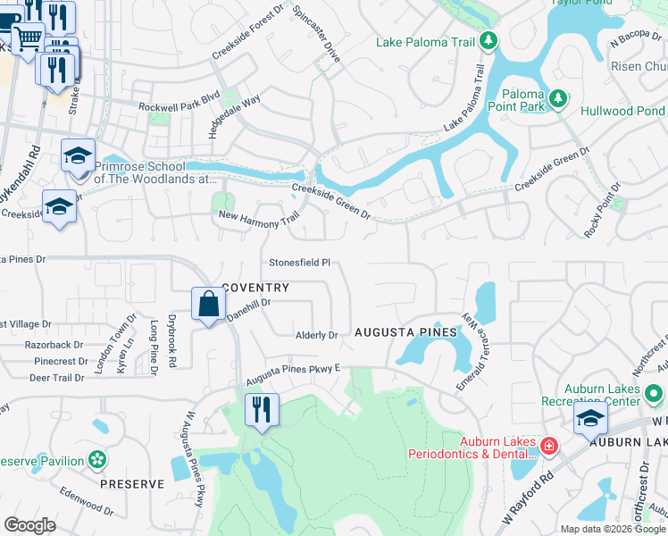 map of restaurants, bars, coffee shops, grocery stores, and more near 7410 Stonesfield Place in Spring
