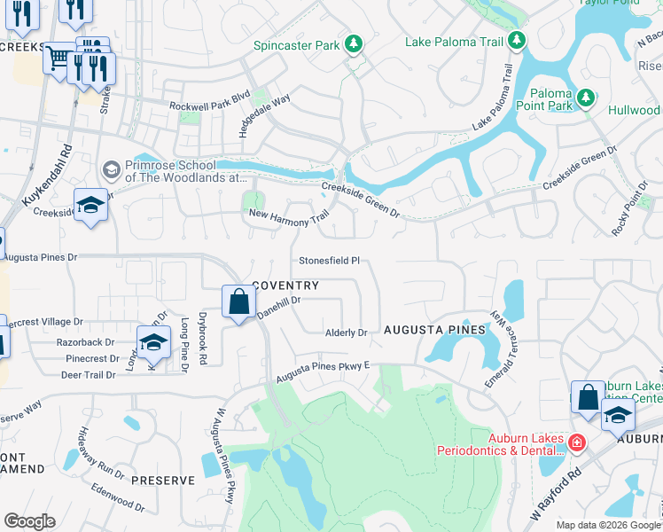 map of restaurants, bars, coffee shops, grocery stores, and more near 7503 Stonesfield Place in Spring