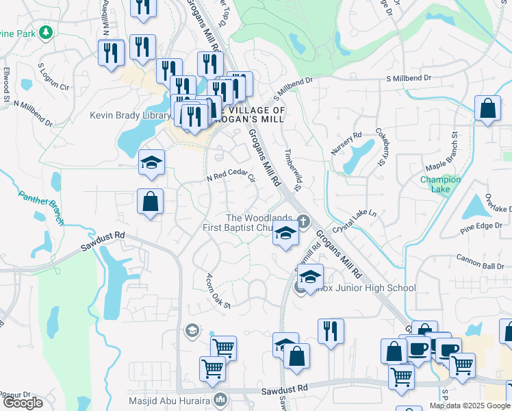map of restaurants, bars, coffee shops, grocery stores, and more near 1614 North Red Cedar Circle in Spring