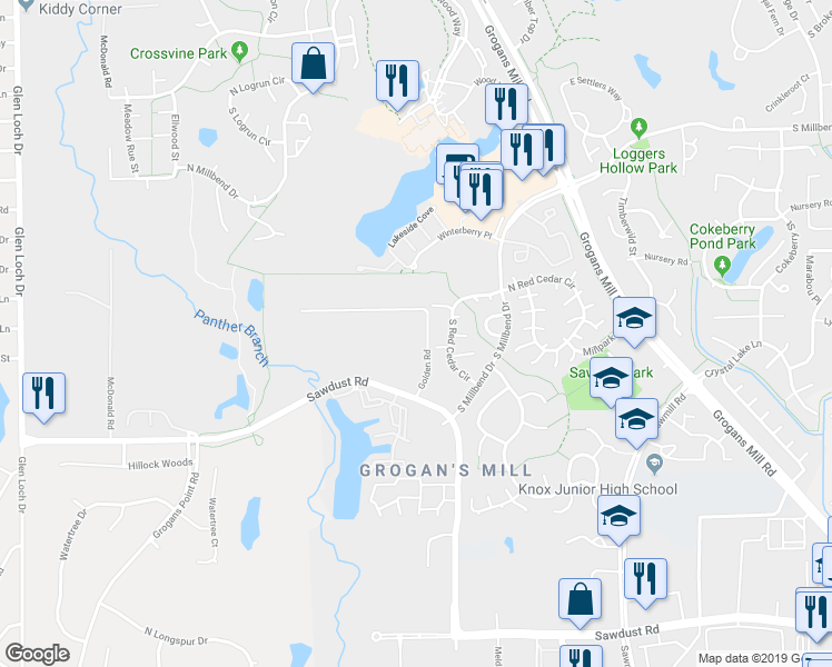 map of restaurants, bars, coffee shops, grocery stores, and more near 2241 Golden Road in Spring