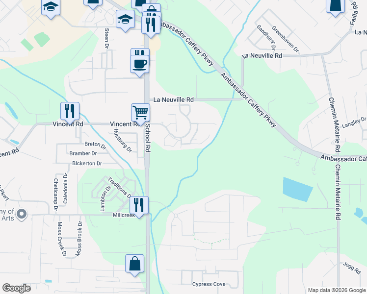 map of restaurants, bars, coffee shops, grocery stores, and more near 100 Autumn Oak Bend in Lafayette