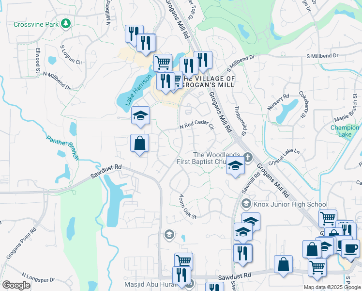 map of restaurants, bars, coffee shops, grocery stores, and more near 2640 South Millbend Drive in The Woodlands