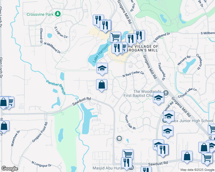 map of restaurants, bars, coffee shops, grocery stores, and more near 2241 Golden Road in Spring