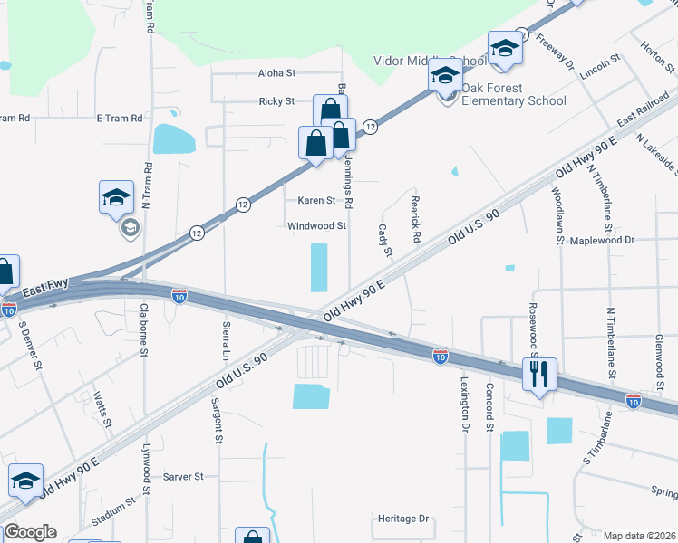 map of restaurants, bars, coffee shops, grocery stores, and more near 215 Jennings Road in Vidor