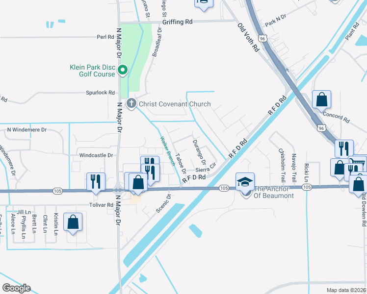 map of restaurants, bars, coffee shops, grocery stores, and more near 6970 Reno Circle in Beaumont