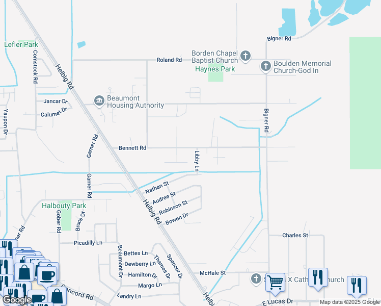 map of restaurants, bars, coffee shops, grocery stores, and more near 3725 Bennett Road in Beaumont