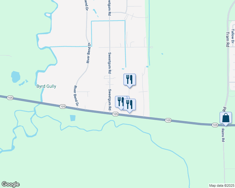 map of restaurants, bars, coffee shops, grocery stores, and more near 13350 Texas 105 in Beaumont