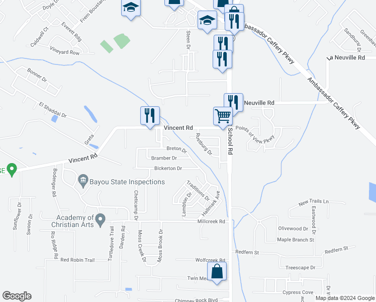 map of restaurants, bars, coffee shops, grocery stores, and more near 419 Breton Drive in Lafayette