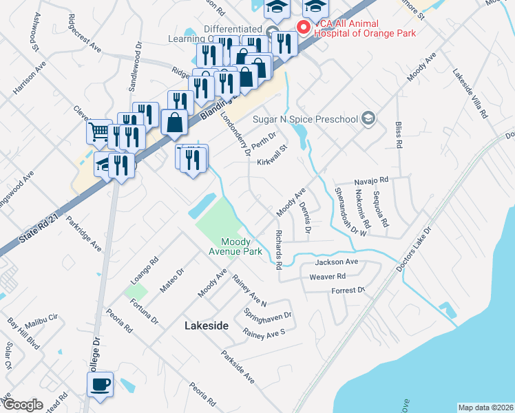map of restaurants, bars, coffee shops, grocery stores, and more near 2405 Haddington Court in Orange Park