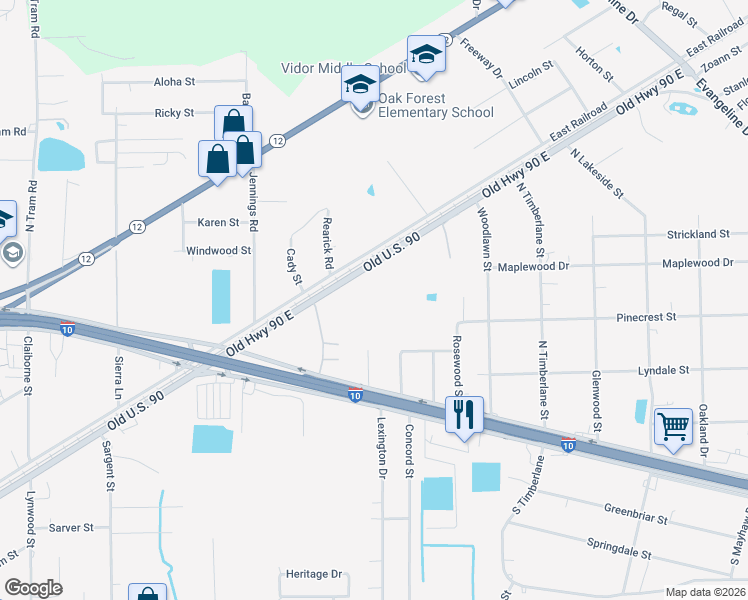 map of restaurants, bars, coffee shops, grocery stores, and more near 1850 East Railroad in Vidor